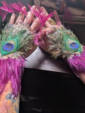 Peacock Feather Wrist Cuffs with Magenta Feathers